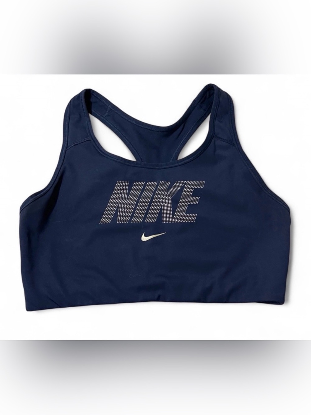 Nike Navy Blue Racerback Sports Bra with Silver diamond Logo, Size Medium